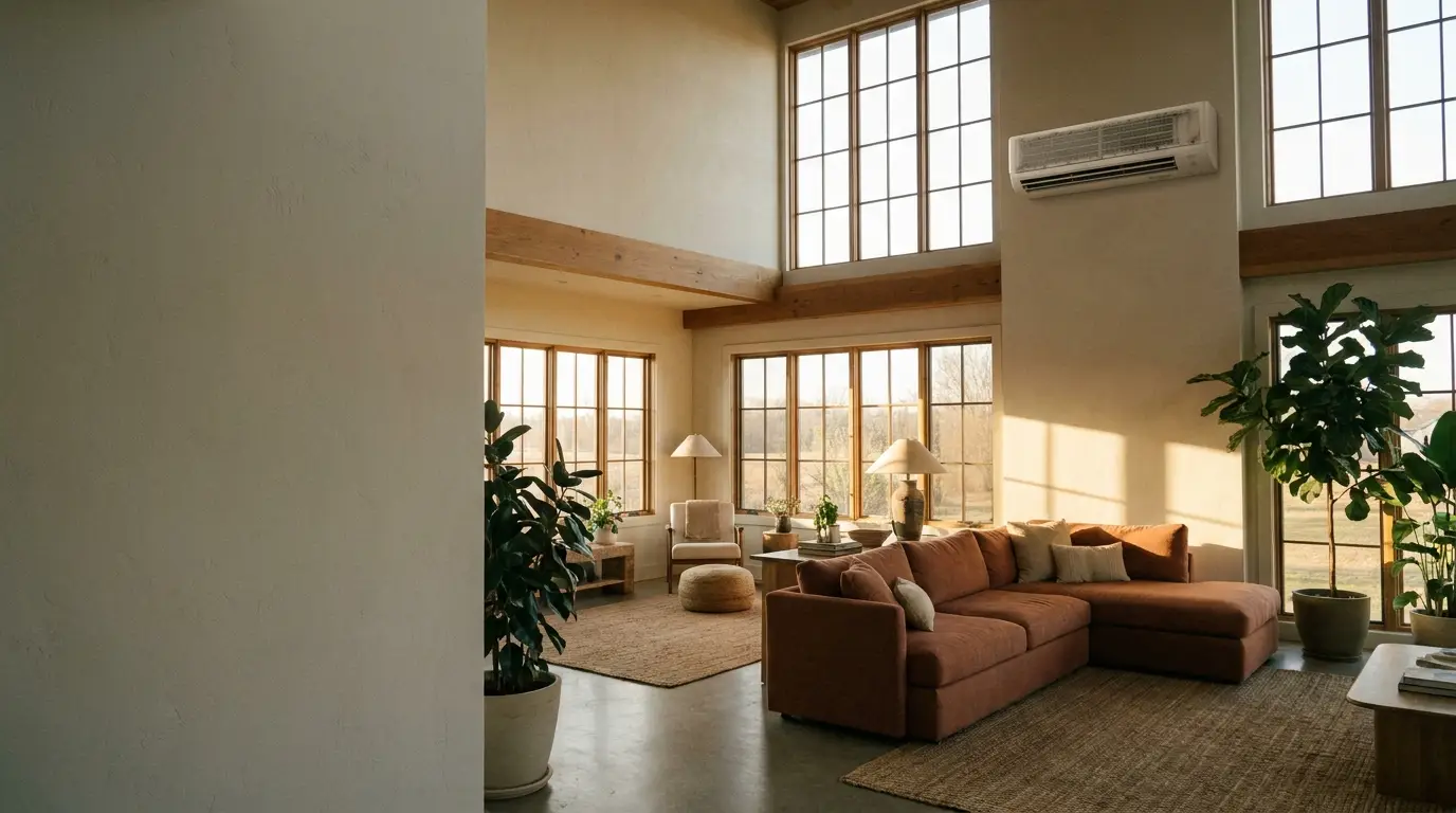 Spacious living room with brown sectional sofa, large windows, and indoor plants in natural light