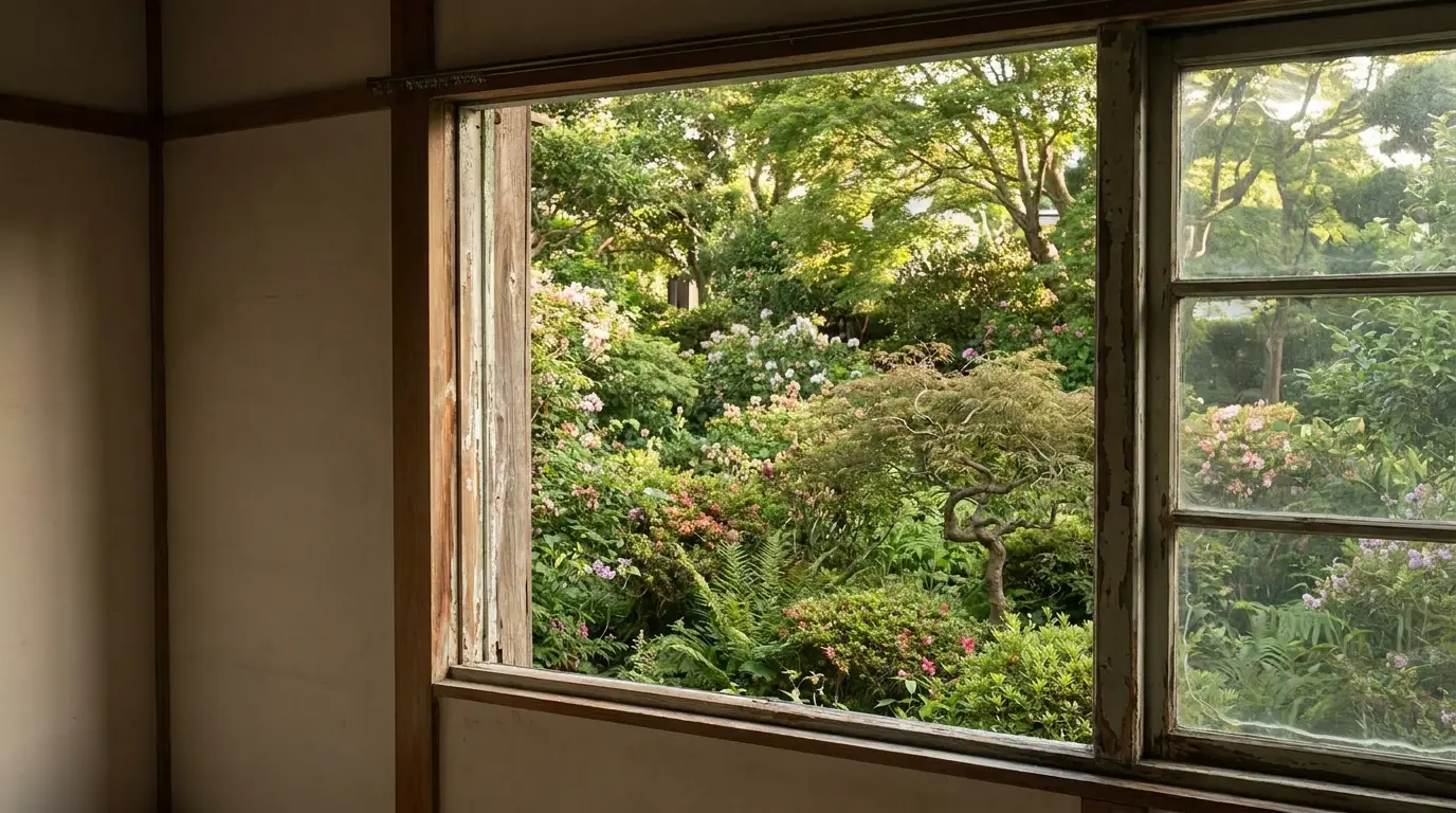 Open window overlooking lush garden with flowering bushes and trees in natural sunlight