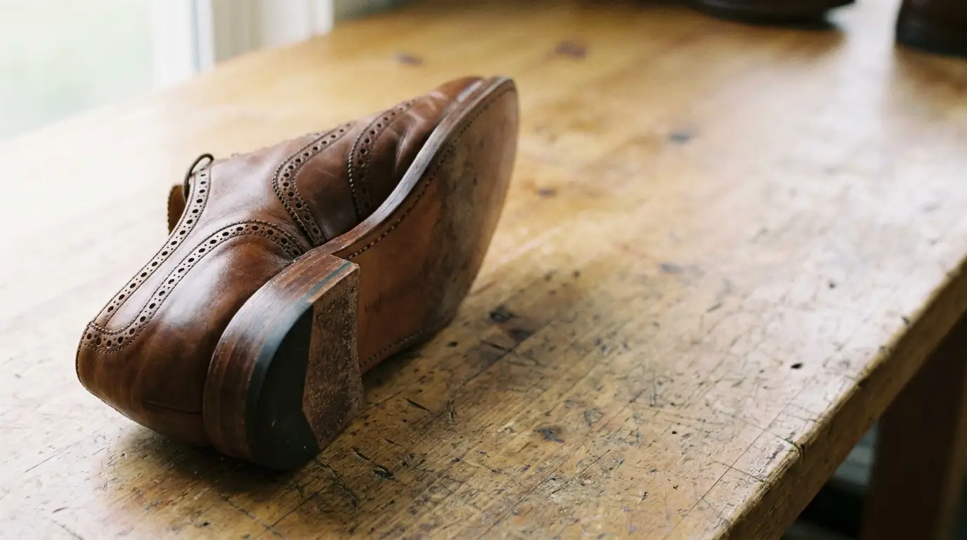 Brown leather dress shoe on worn wooden surface in natural light