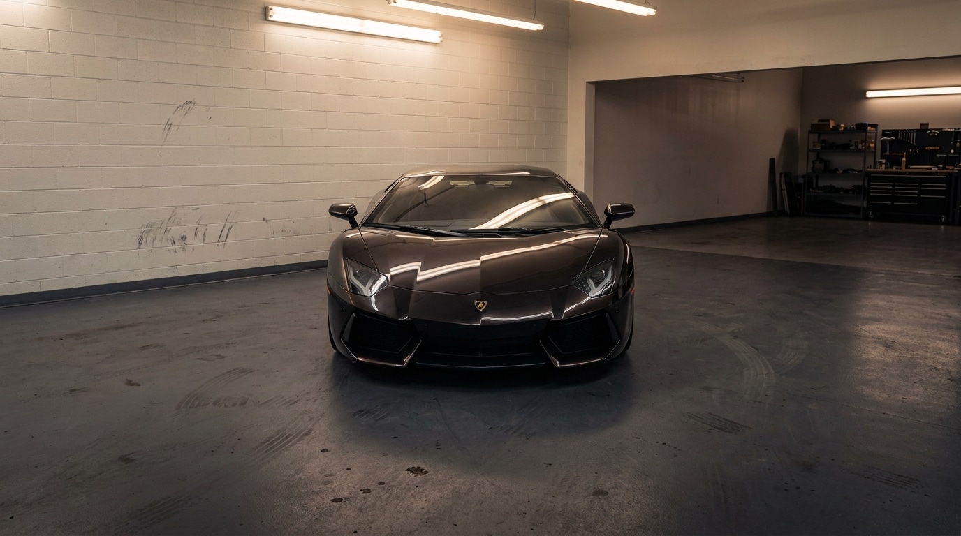 Black sports car parked in a dimly lit garage with concrete floor and workbench in background