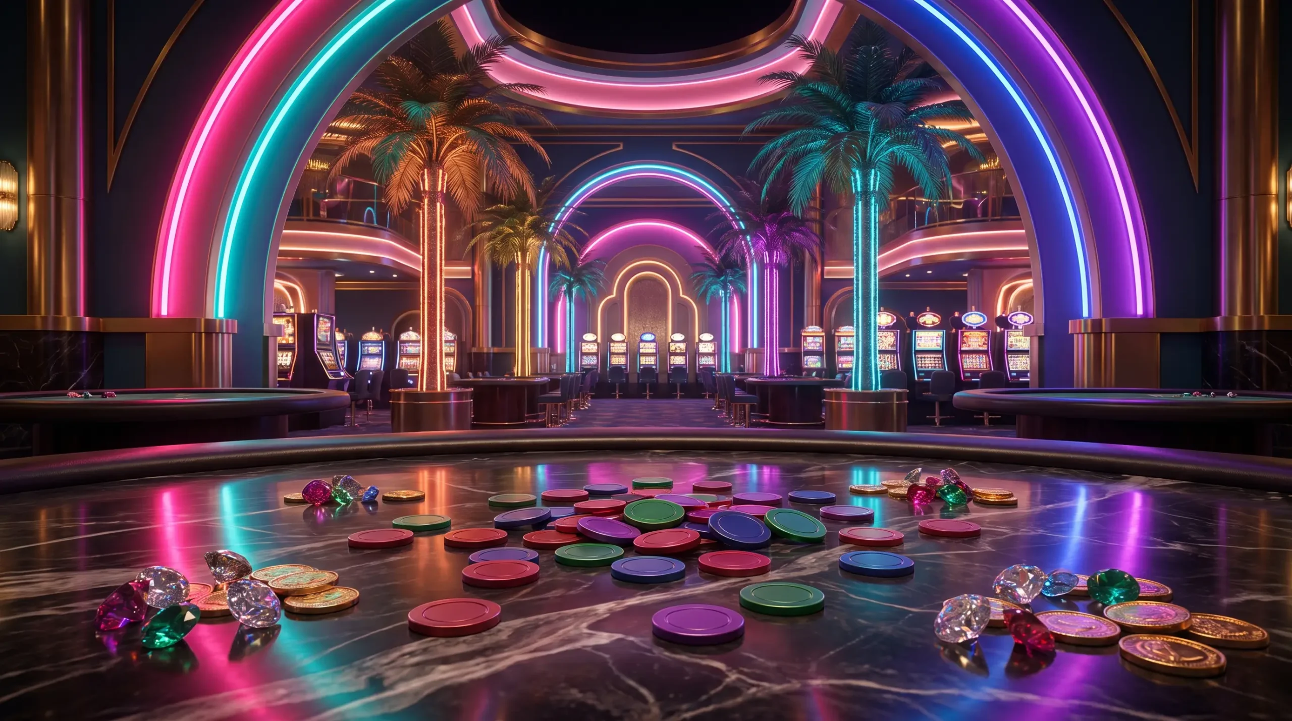 Casino interior with colorful neon lights, poker chips, and slot machines, featuring palm tree decor