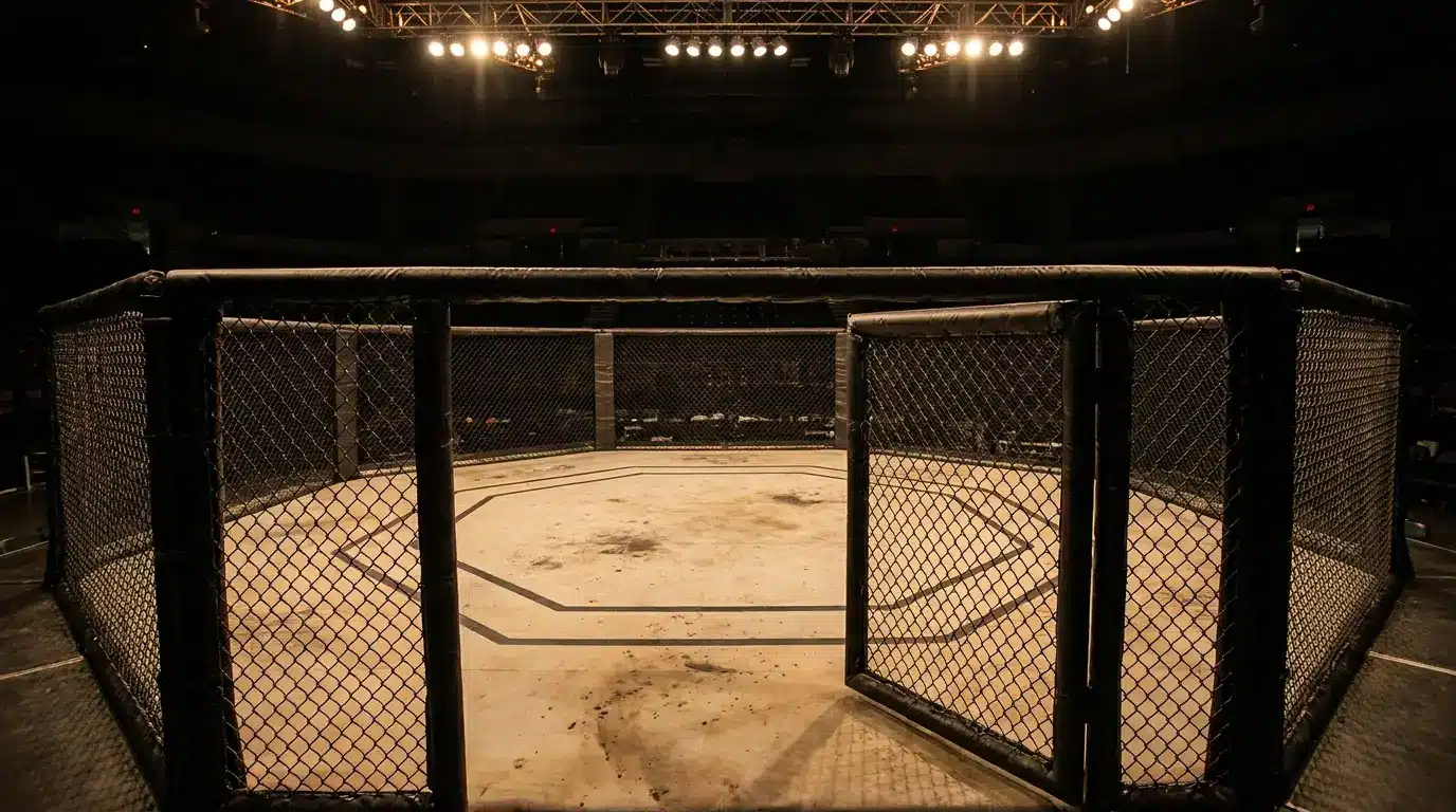 Empty MMA octagon cage under bright arena lights in dimly lit stadium