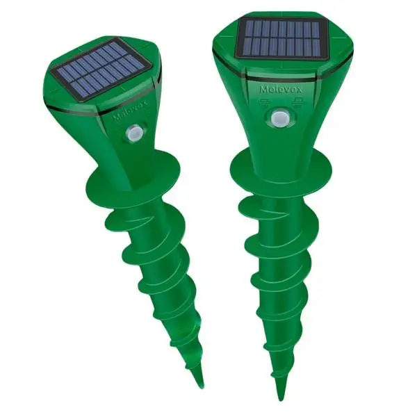 Two green solar-powered pest repellers with spiral stakes and LED lights
