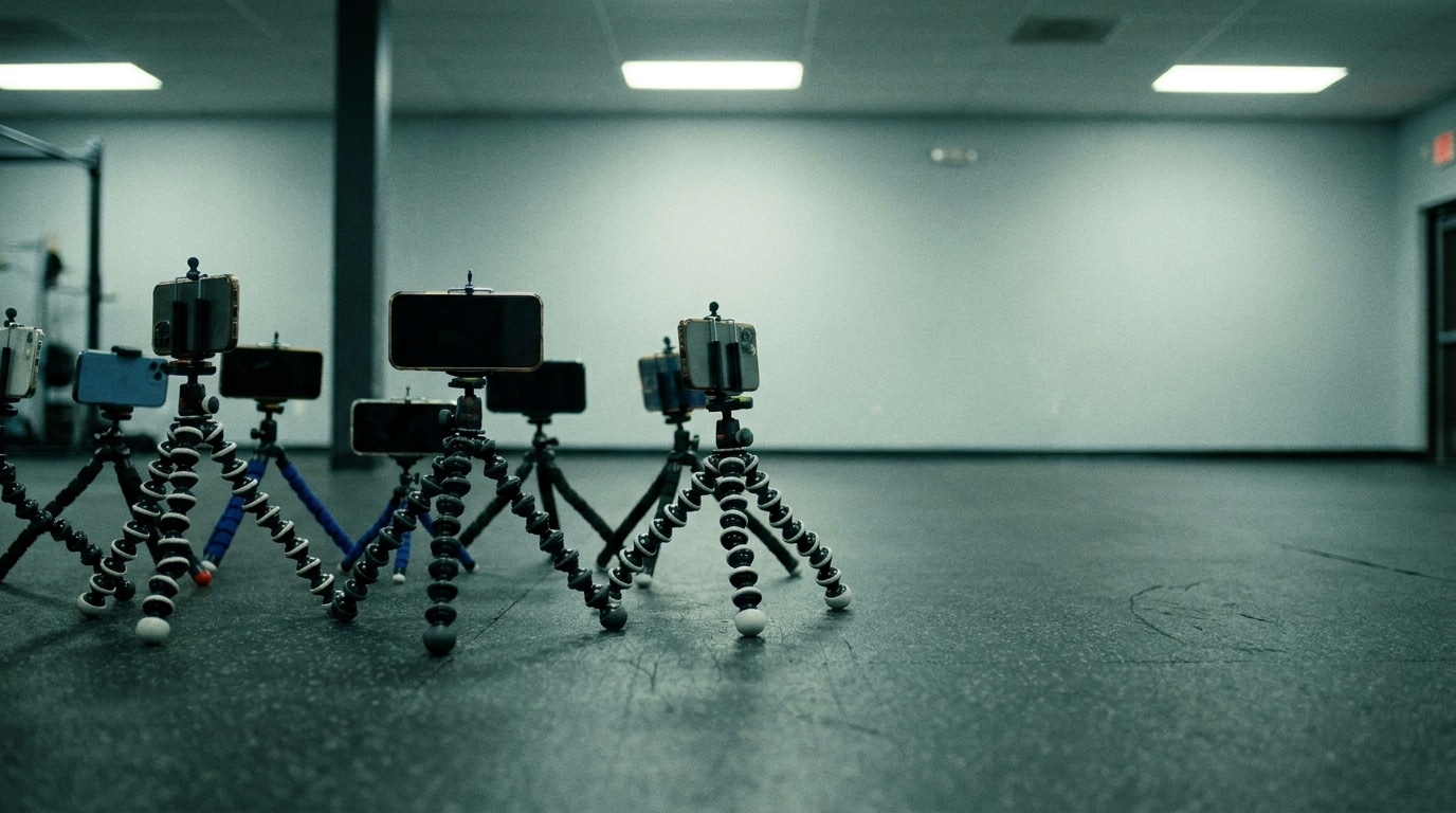 Smartphones on flexible tripods arranged on dark floor in empty room