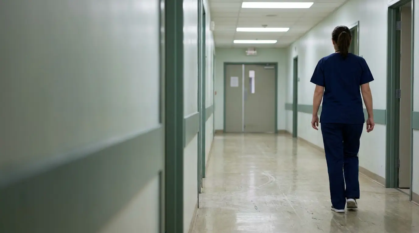 Nurse in blue scrubs walking down a hospital corridor with fluorescent lighting
