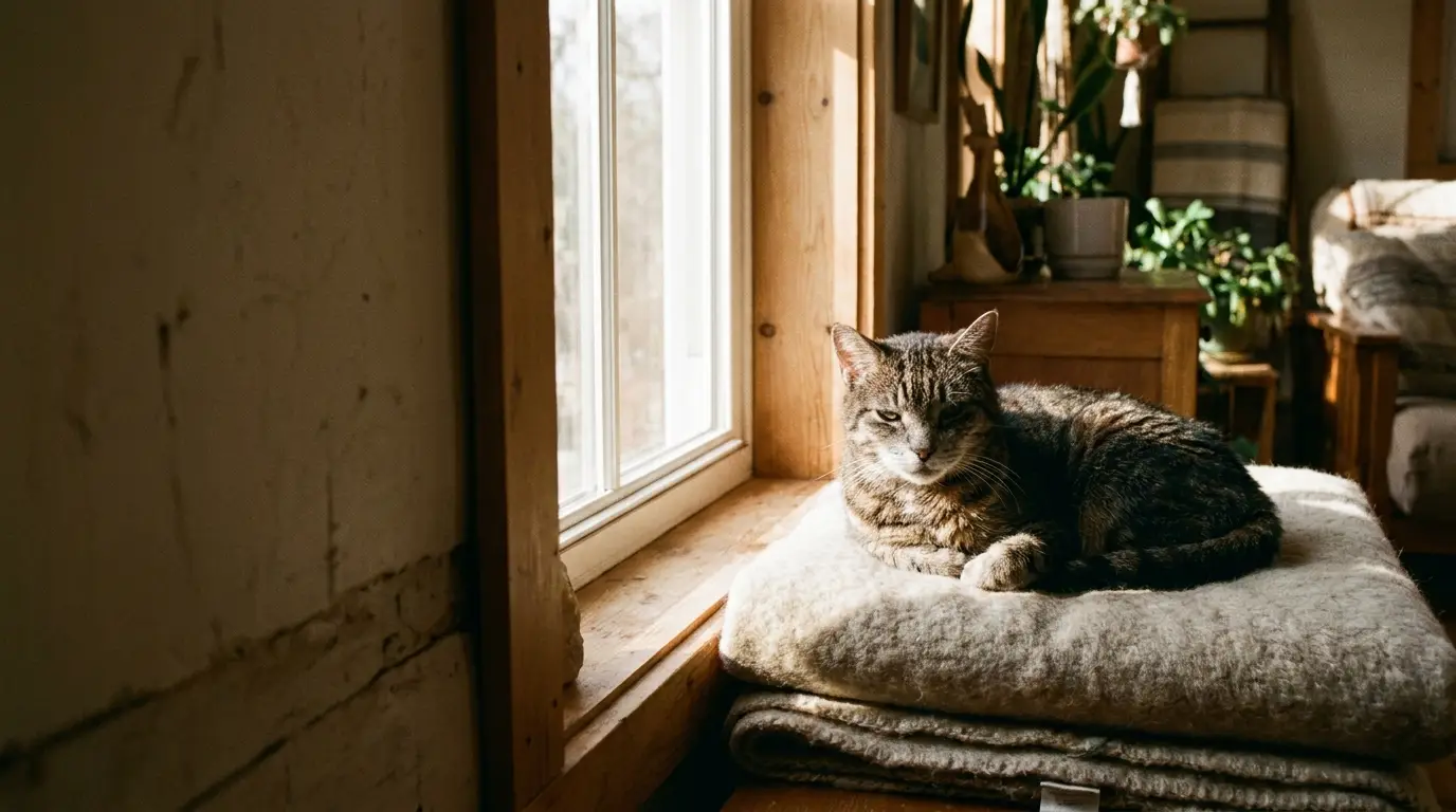 Tabby cat lounging on folded blankets by a sunny window in cozy living room