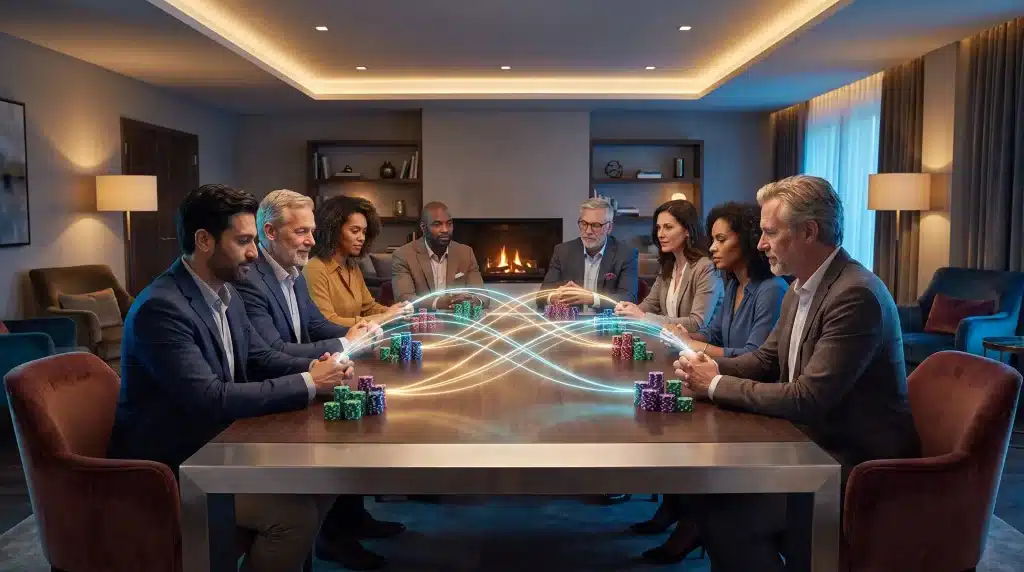 Group of people in business attire playing poker at a table in a sophisticated lounge