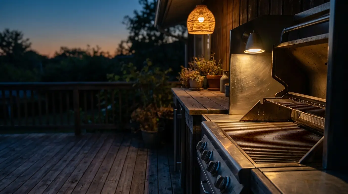 Outdoor patio with stainless steel grill and plants under warm evening light