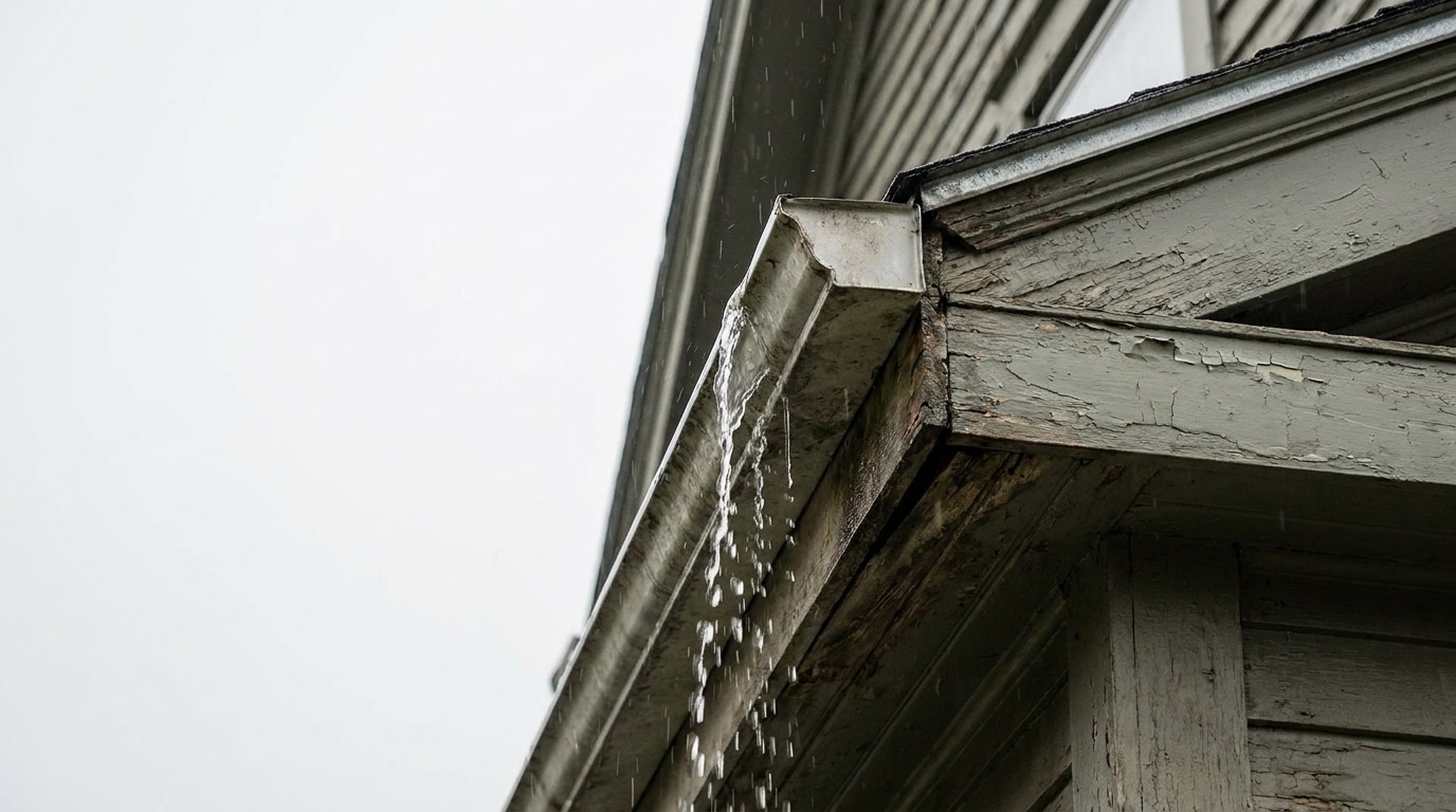 Rainwater overflowing from damaged house gutter on old wooden siding under overcast sky