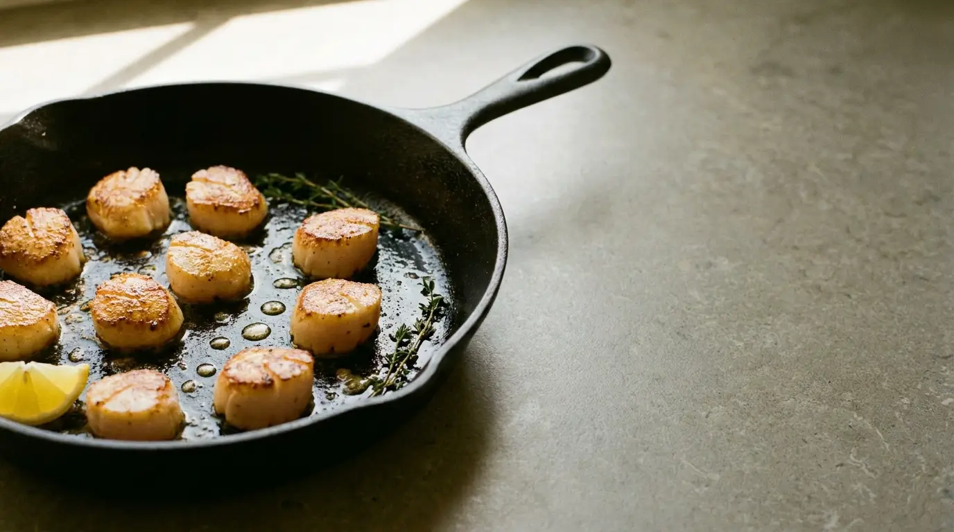 Seared scallops in cast iron skillet with lemon wedge and thyme sprigs on gray countertop