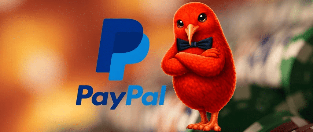 A cartoon red bird with a bow tie next to PayPal logo on orange background