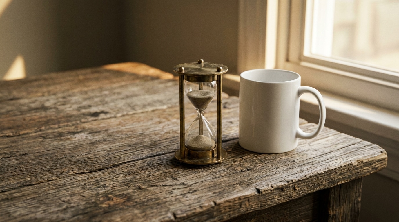 Hourglass and white mug on rustic wooden table by sunny window