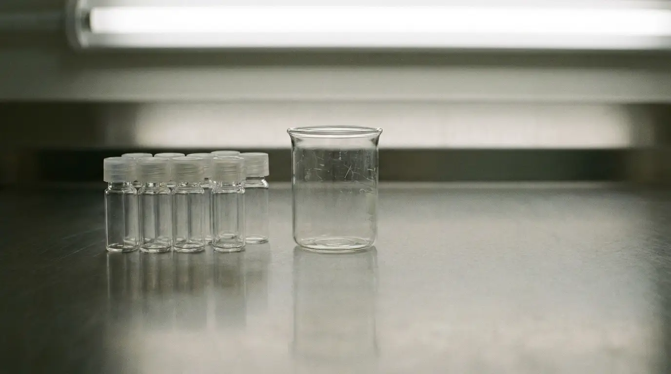 Empty laboratory vials and beaker on metal countertop under fluorescent lighting