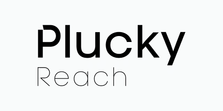 Stylized black text "Plucky Reach" on white background