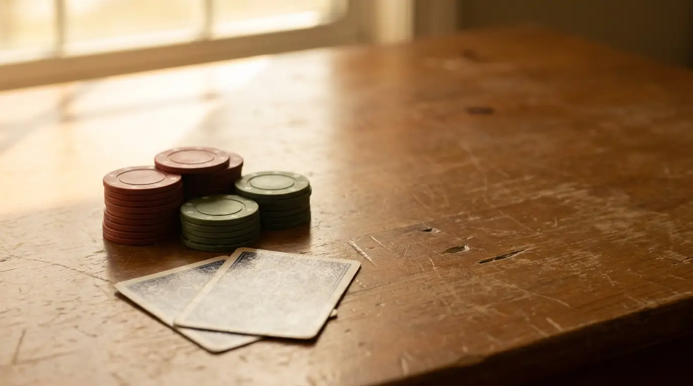 Poker chips and playing cards on a wooden table in warm sunlight