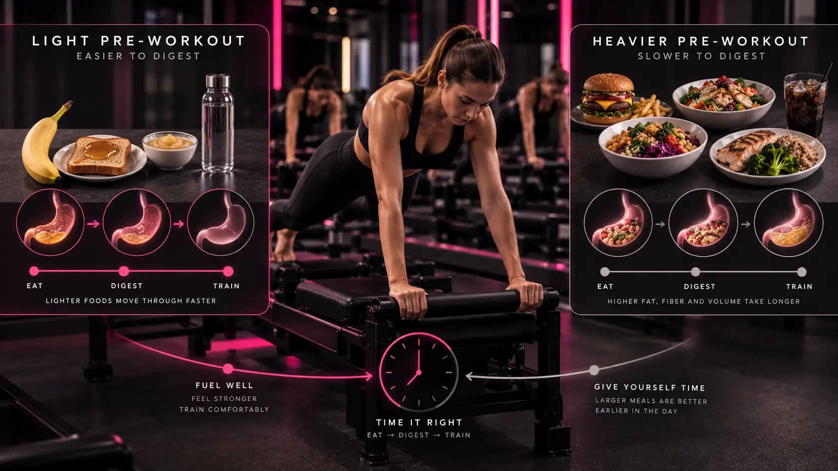 Woman exercising on fitness equipment in gym with charts showing pre-workout meal comparison