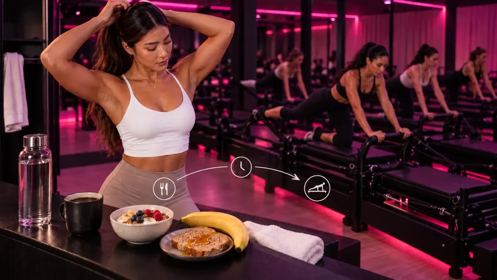 Woman in fitness studio with breakfast bowl, coffee, and bananas on black counter