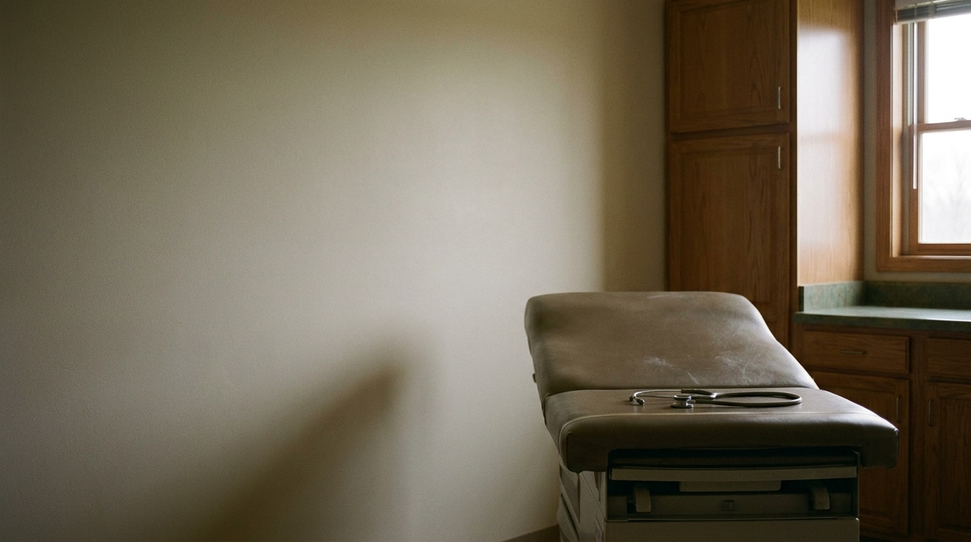 Examination table with stethoscope in a dimly lit doctor's office with wooden cabinets