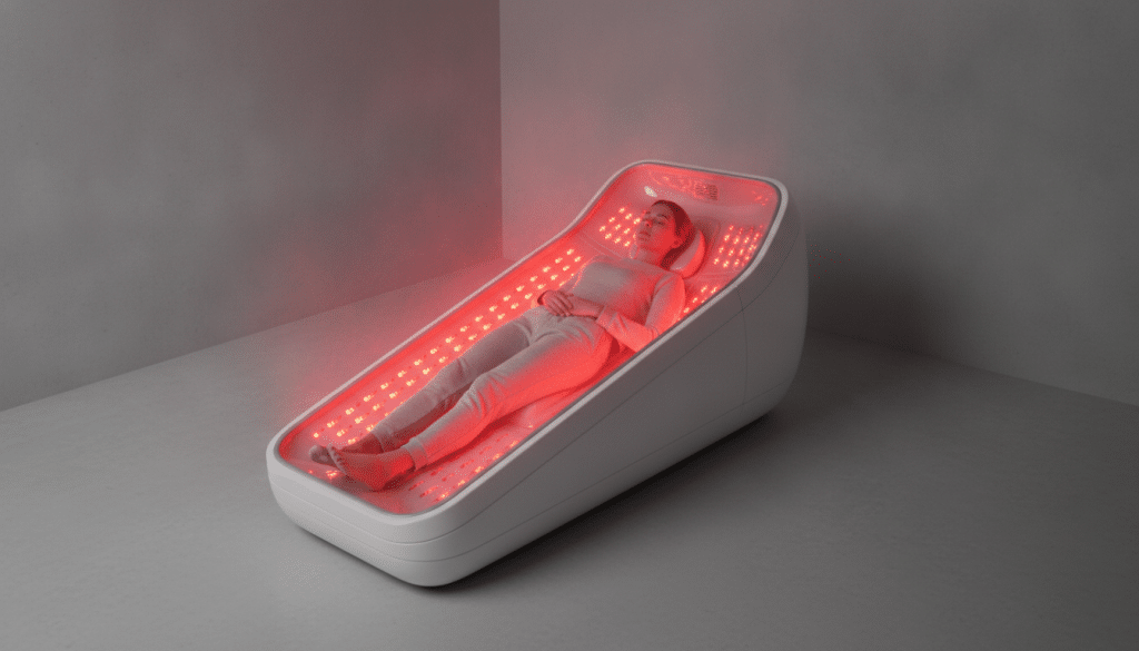Person relaxing in futuristic wellness device with red light therapy in minimalist gray room
