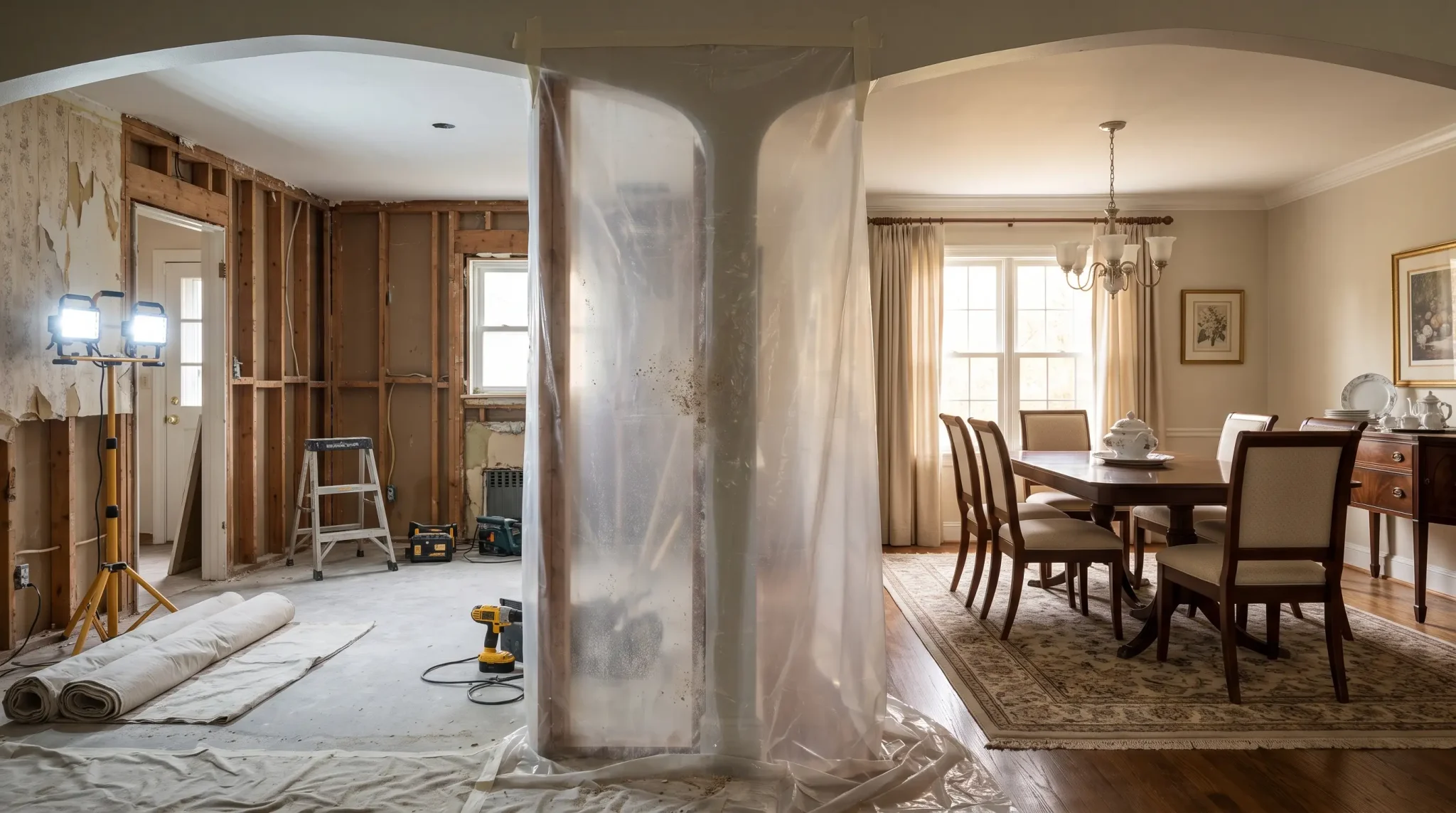 Home renovation with plastic sheet divider between unfinished construction area and furnished dining room