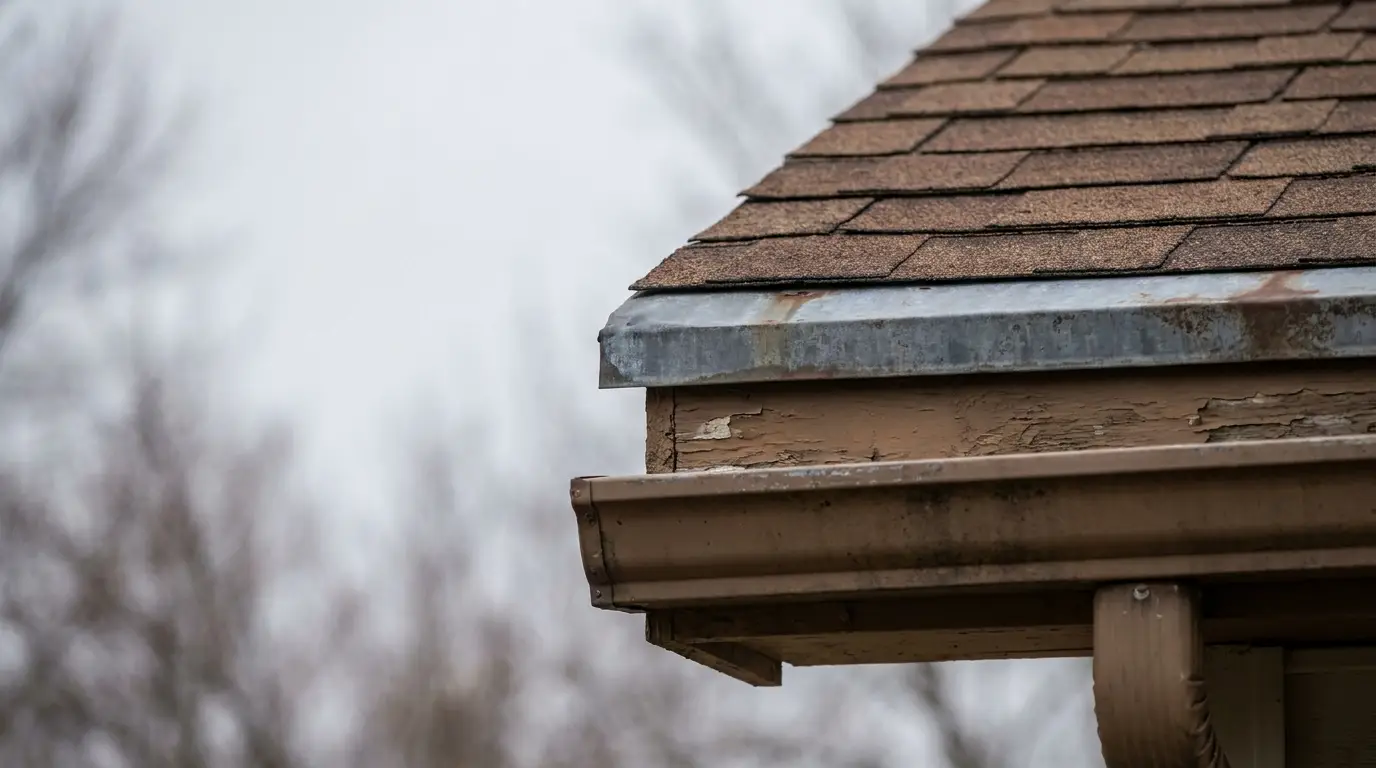 Worn roof edge with peeling paint and brown shingles against an overcast sky