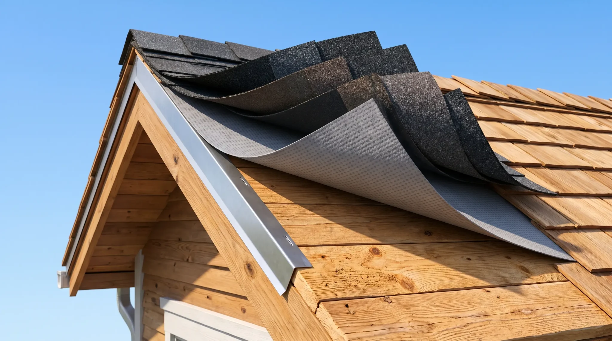 Roof under construction with black shingles partially laid over wooden planks in bright daylight