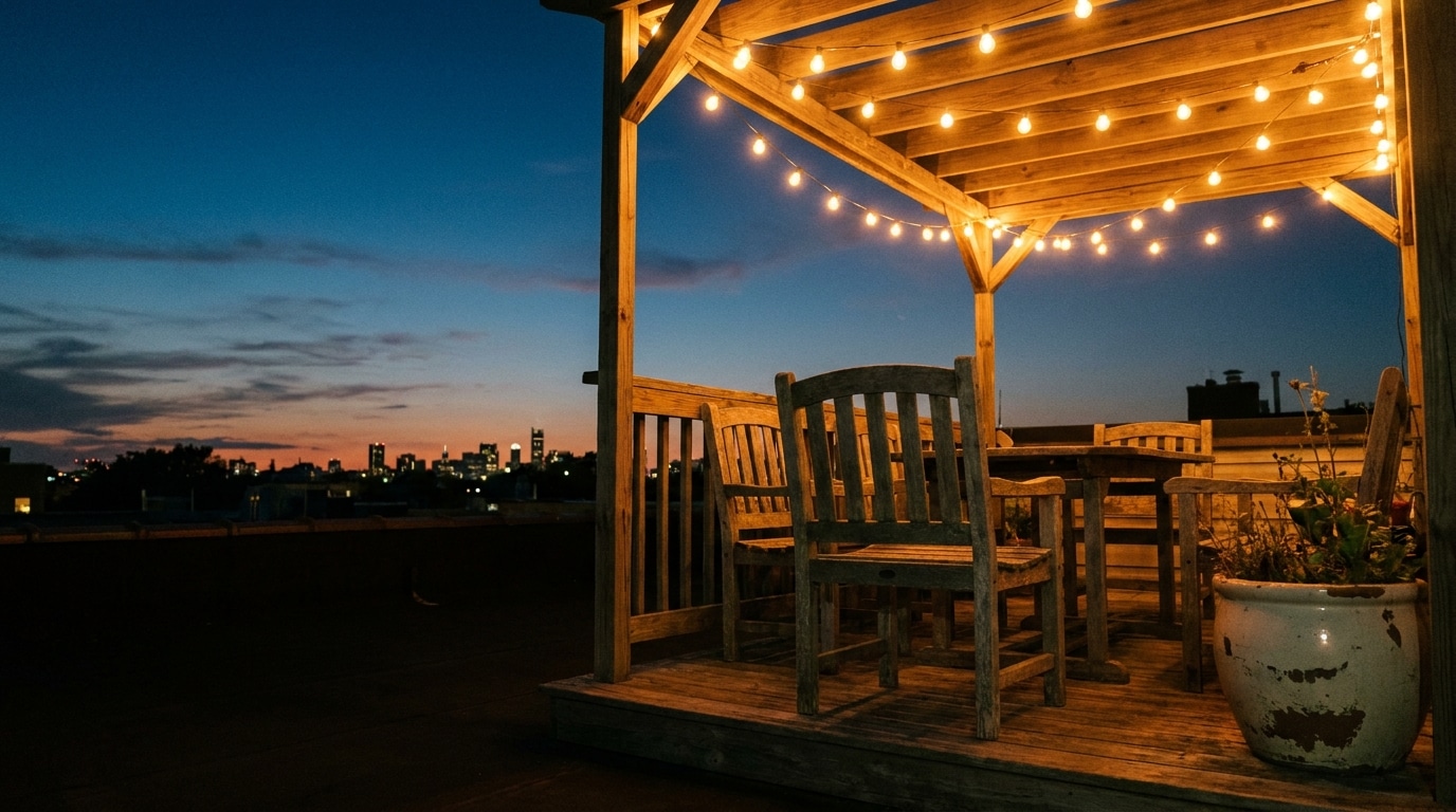 Rooftop patio at sunset with wooden furniture and string lights above city skyline