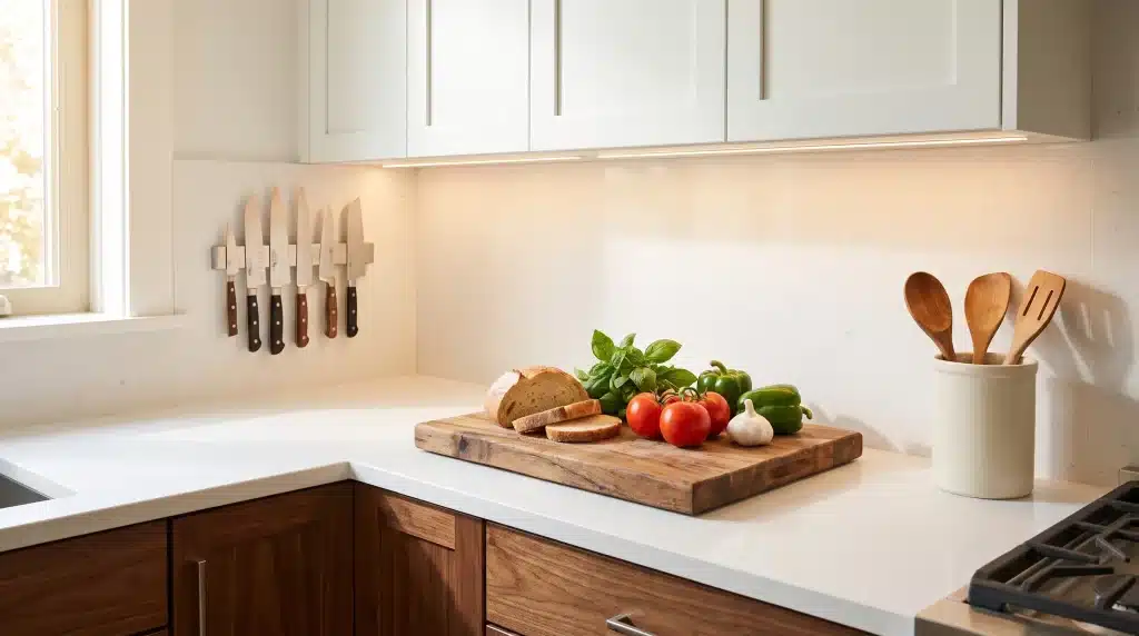 Bread and vegetables on wooden cutting board in bright kitchen with knife rack and utensils.