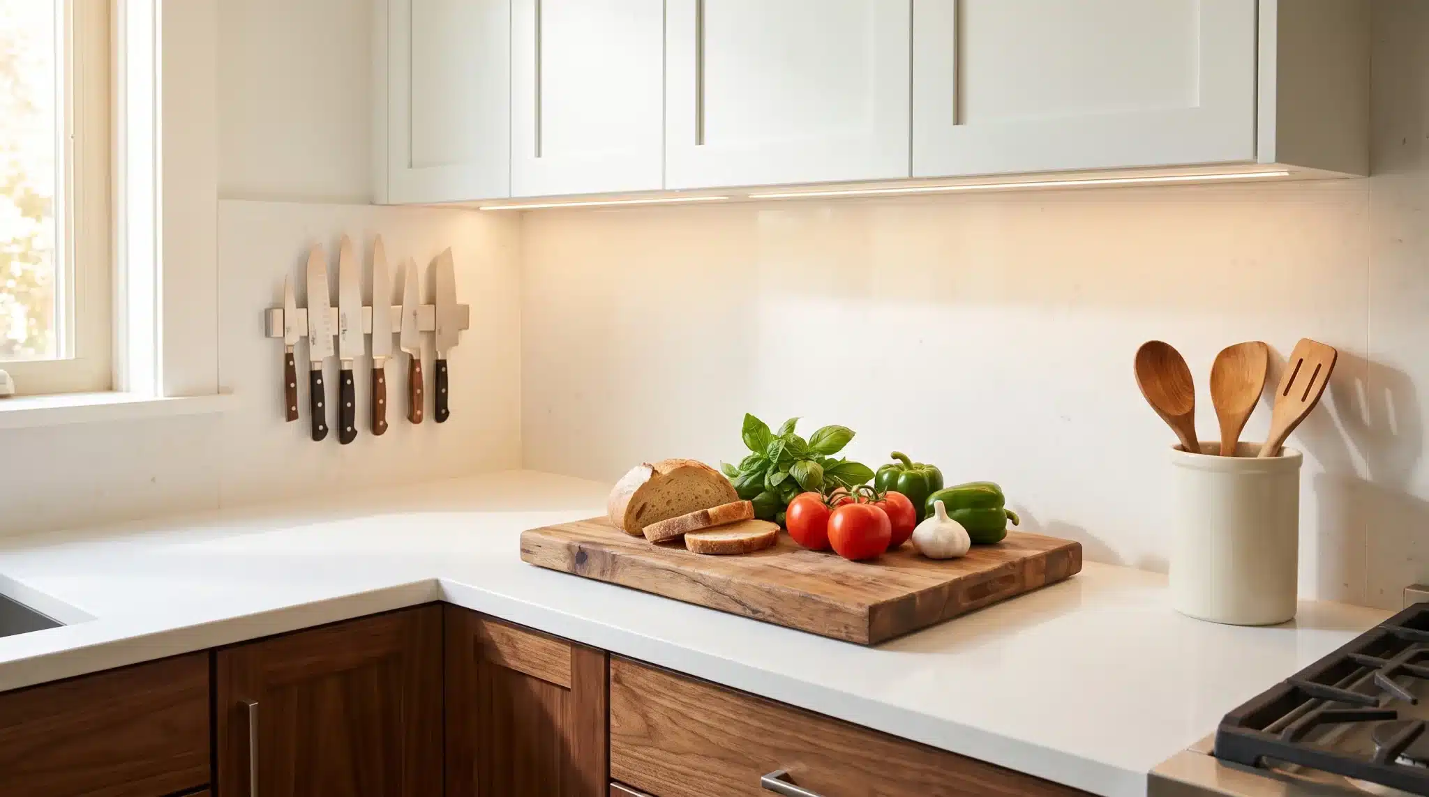 Bread and vegetables on wooden cutting board in bright kitchen with knife rack and utensils.
