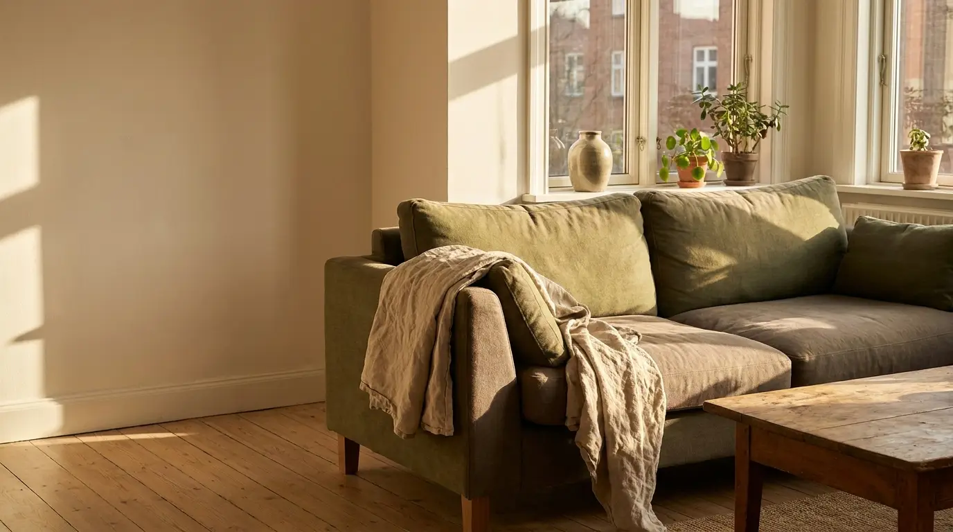 Olive green sofa with throw blanket under sunlight beside window with potted plants