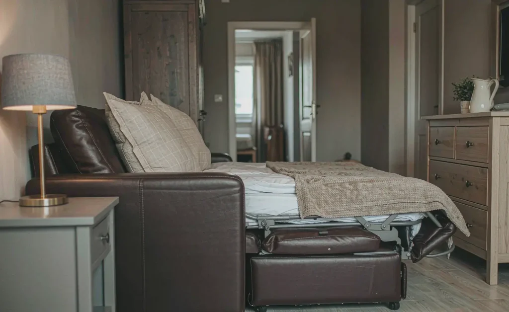 Leather sofa bed in cozy bedroom with plaid pillows and wooden furniture in warm lighting