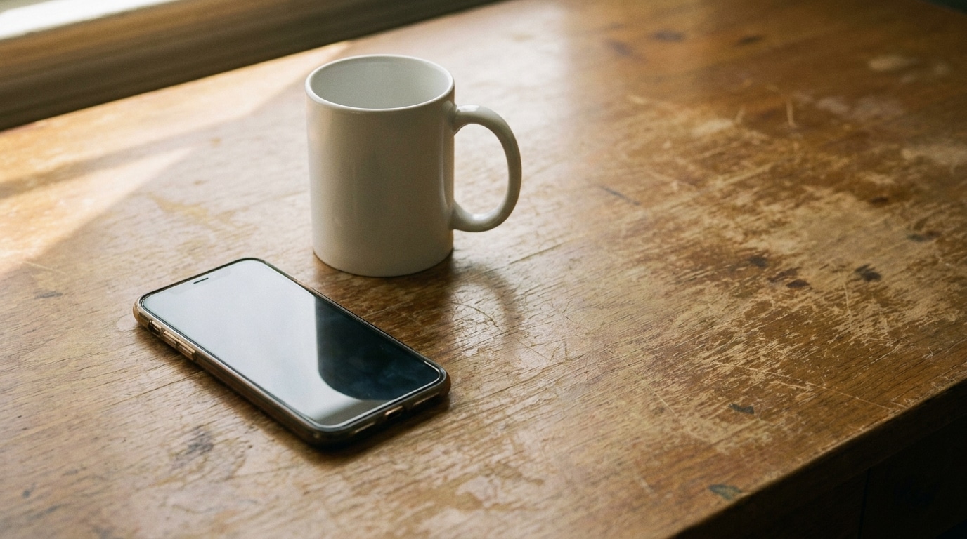 White mug and smartphone on rustic wooden table under soft natural light