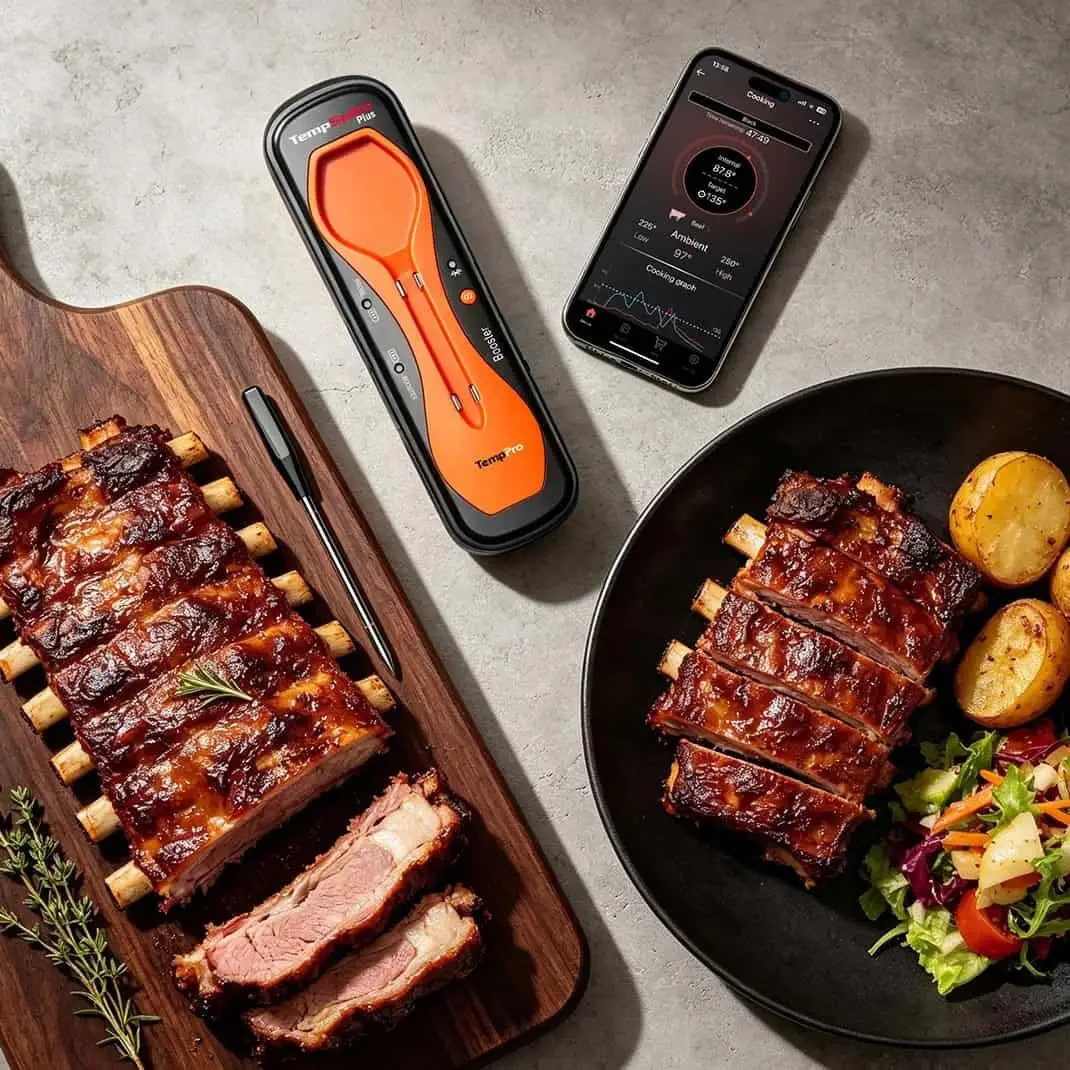 Barbecued ribs on wooden board and black plate with roasted potatoes and salad, alongside digital thermometer
