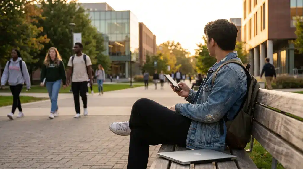 Person sitting on campus bench using smartphone with walking students and modern buildings nearby
