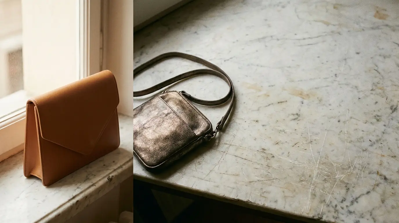 Tan leather clutch and metallic crossbody bag on marble surface in natural light