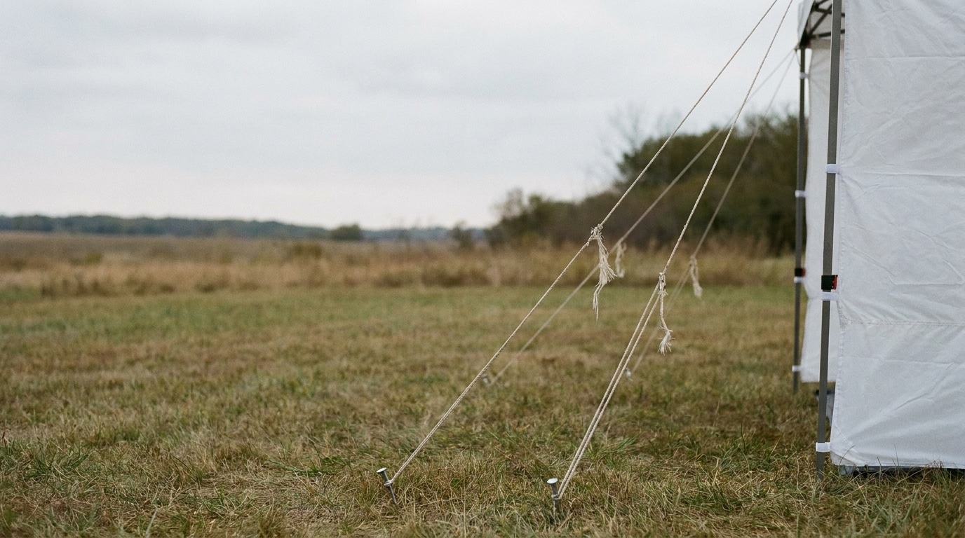 White canopy tent with frayed ropes in an open grassy field under cloudy sky
