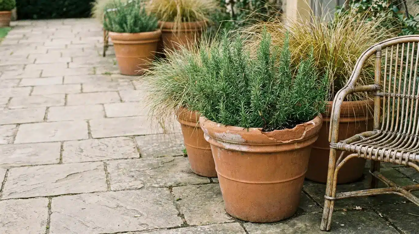 Terracotta pots with rosemary and grasses on stone patio next to wicker chair