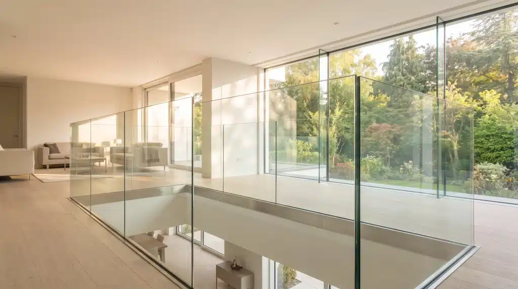 Modern living room with glass balustrade and large windows overlooking a lush garden