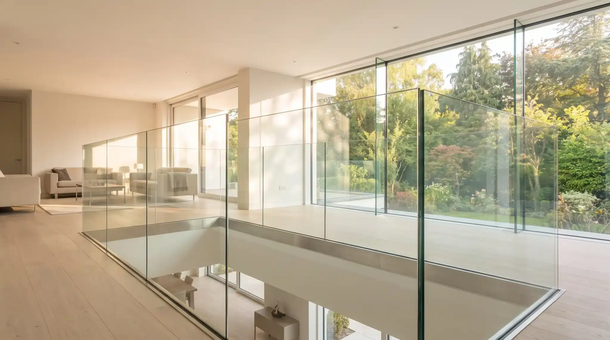 Modern living room with glass balustrade and large windows overlooking a lush garden