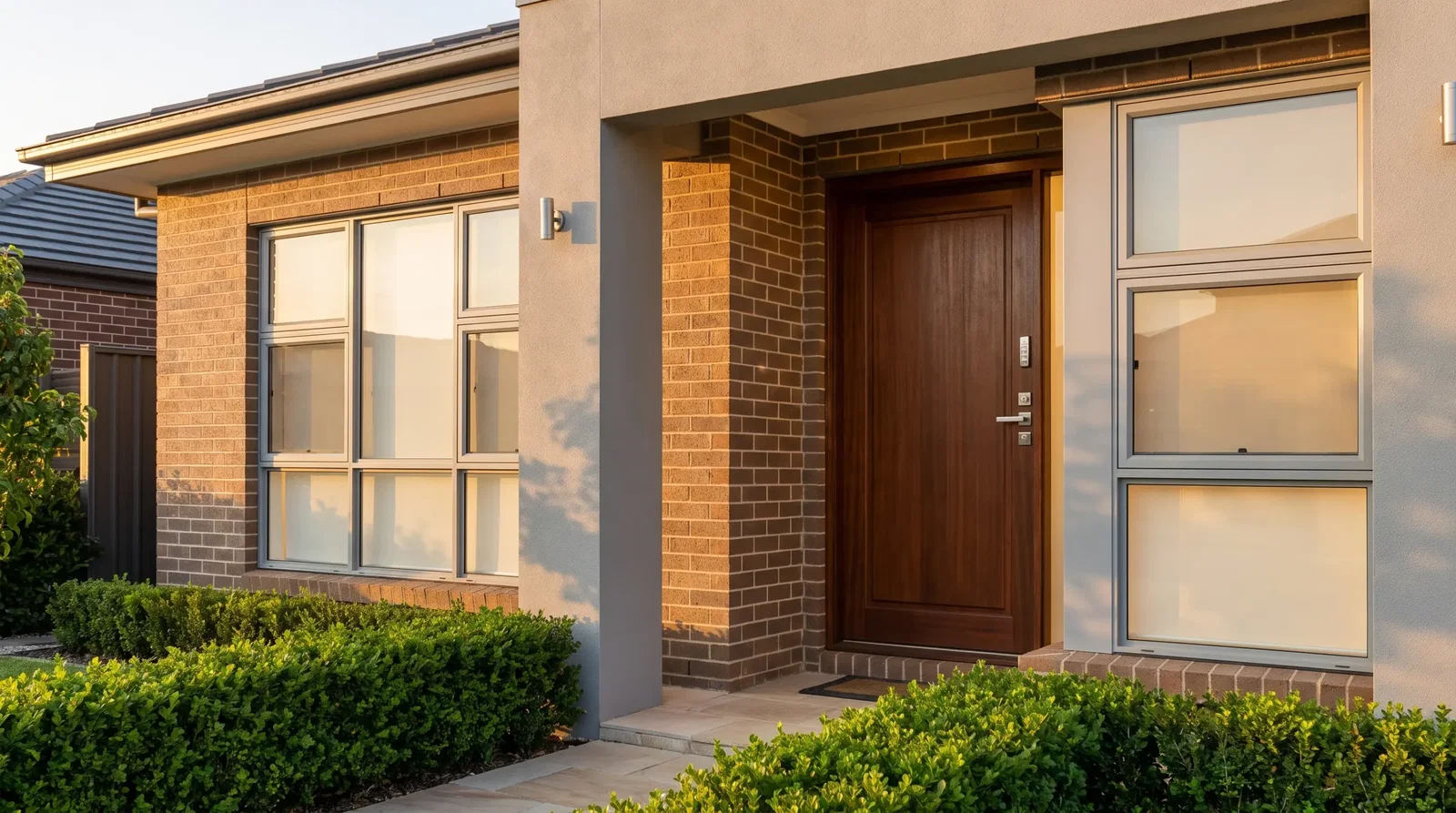 Modern home entrance with brown brick facade and wooden door surrounded by manicured hedges