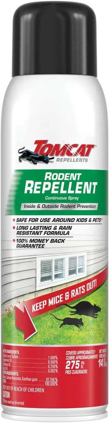 Rodent repellent spray can with black cap and green label on white background