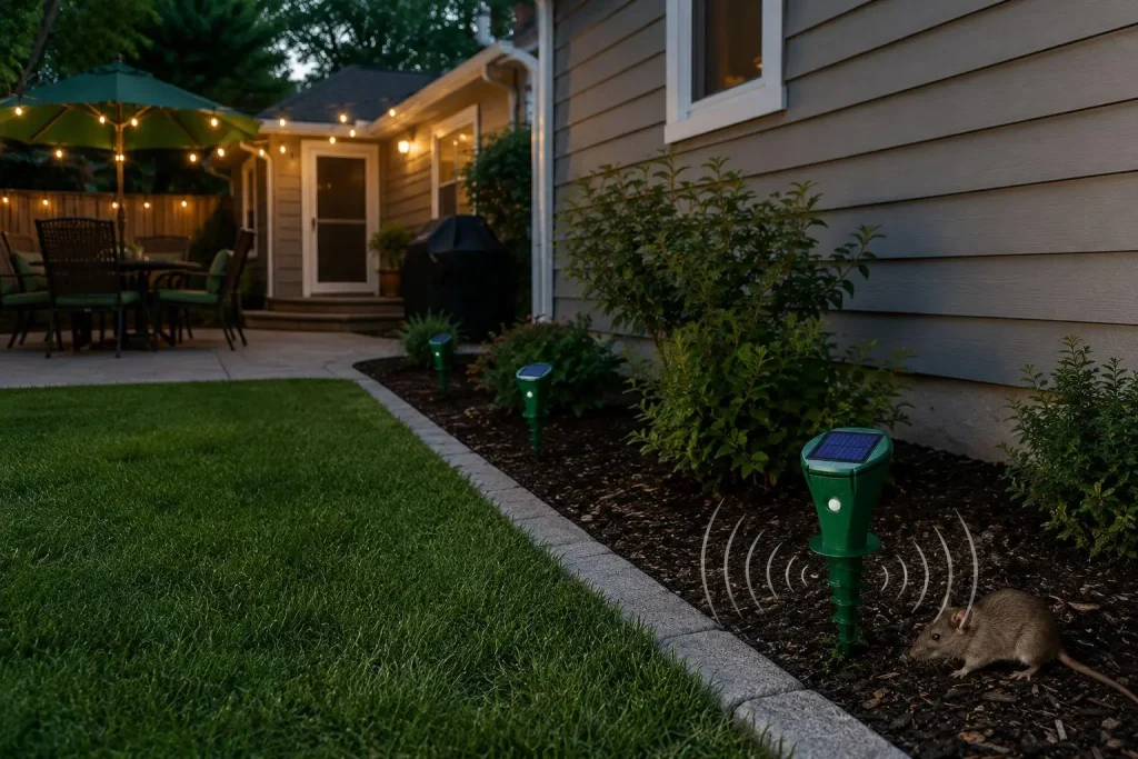 Outdoor patio with dining set and solar pest repellents near shrubs at dusk