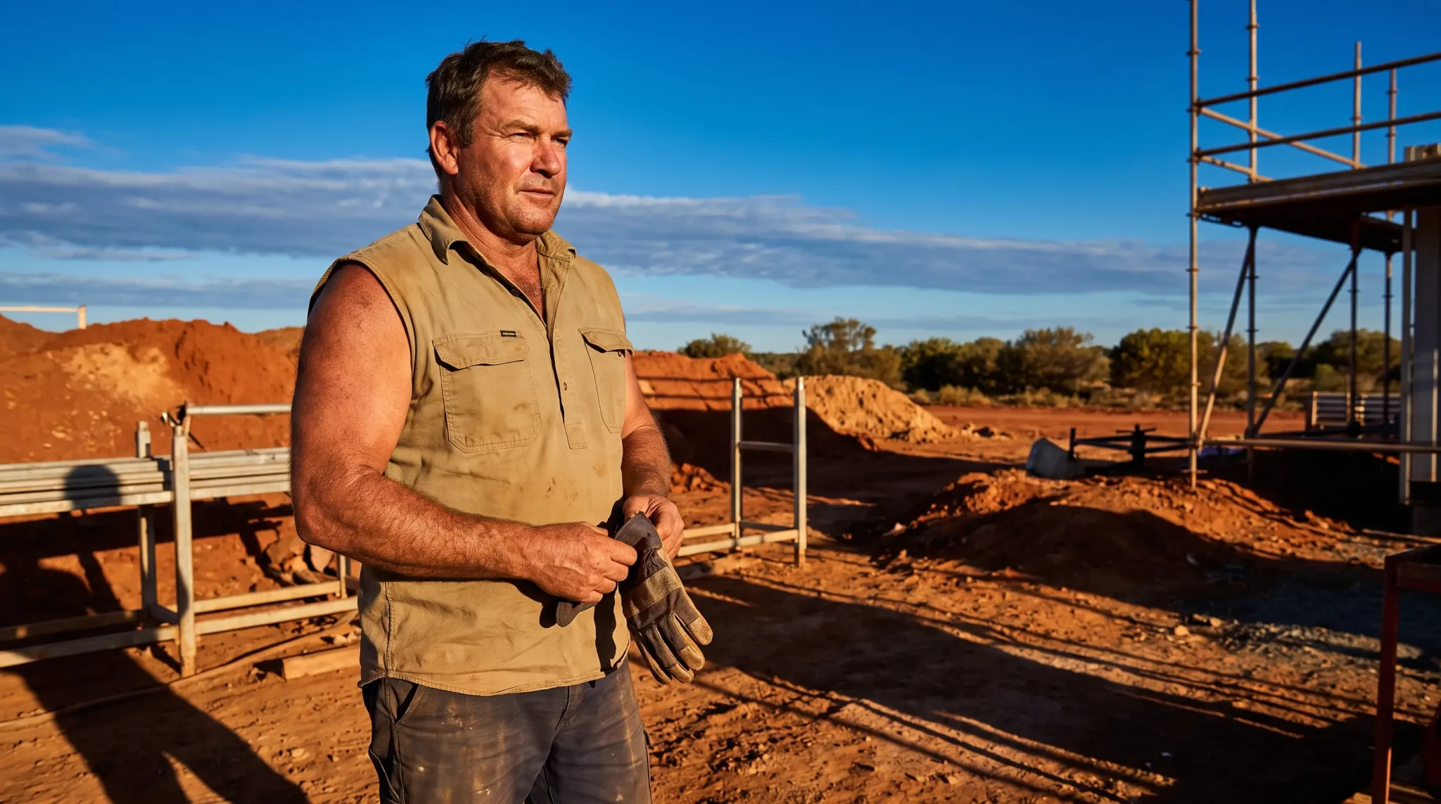 Man in sleeveless shirt holding gloves at construction site with red earth under blue sky