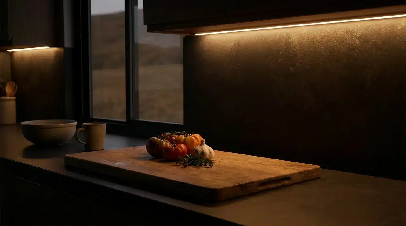 Rustic wooden cutting board with heirloom tomatoes and garlic in dimly lit kitchen