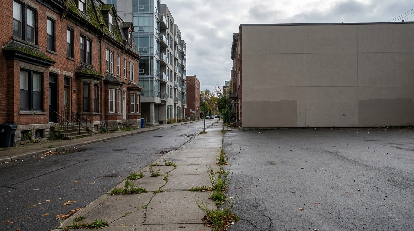 Empty urban street with brick row houses and modern glass building on an overcast day
