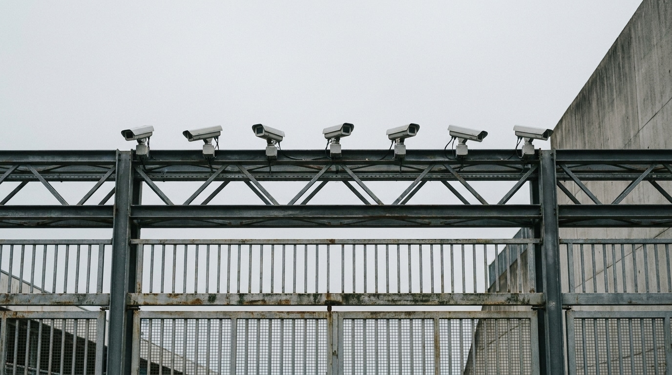 Multiple security cameras mounted on metal fence under overcast sky