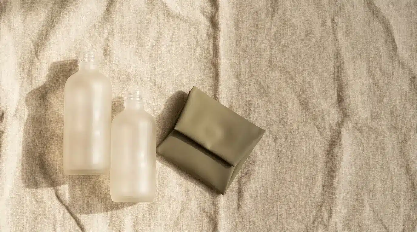 Frosted glass bottles and folded pouch on beige fabric background in soft lighting