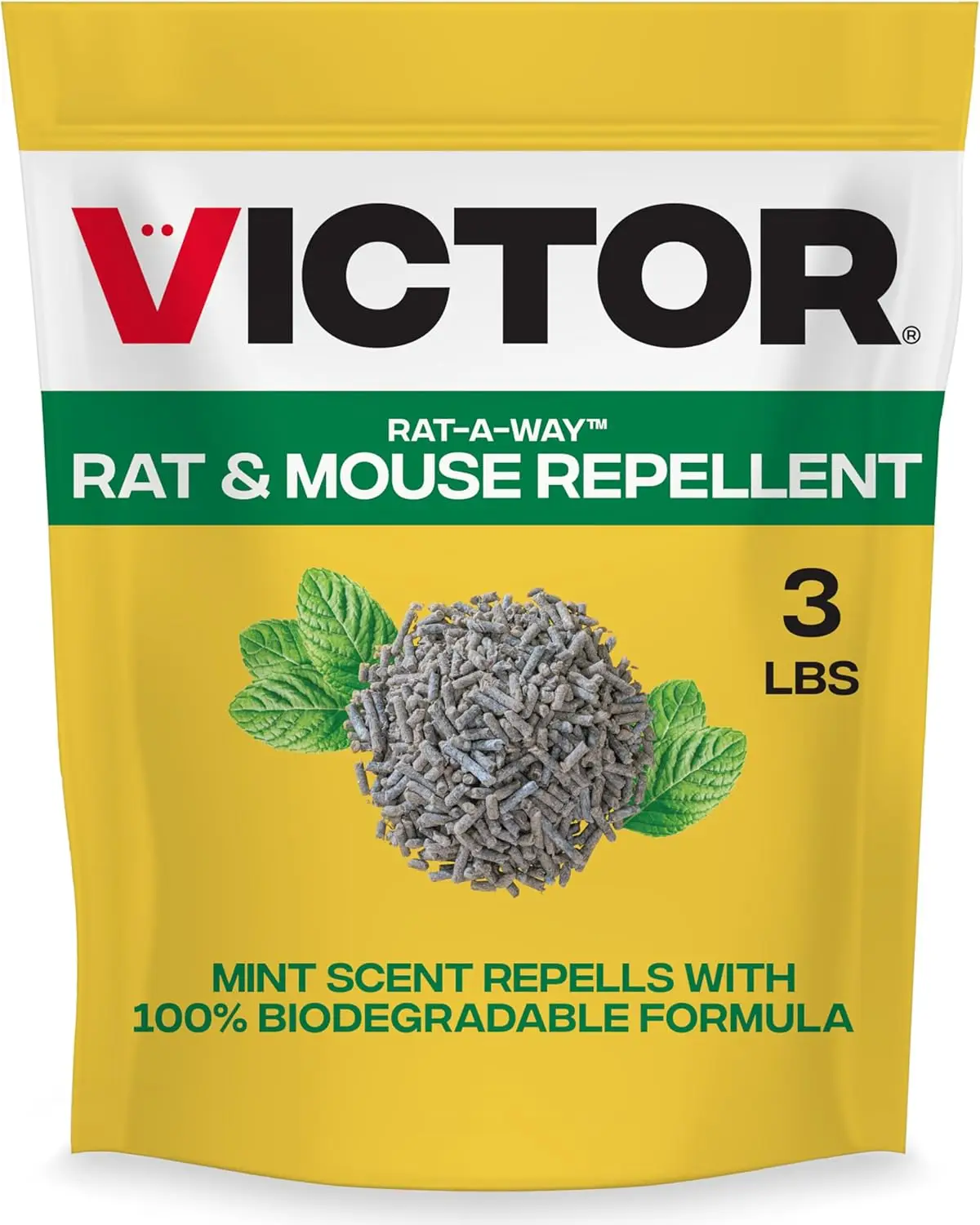 Victor rat and mouse repellent bag with mint leaves illustration on yellow background