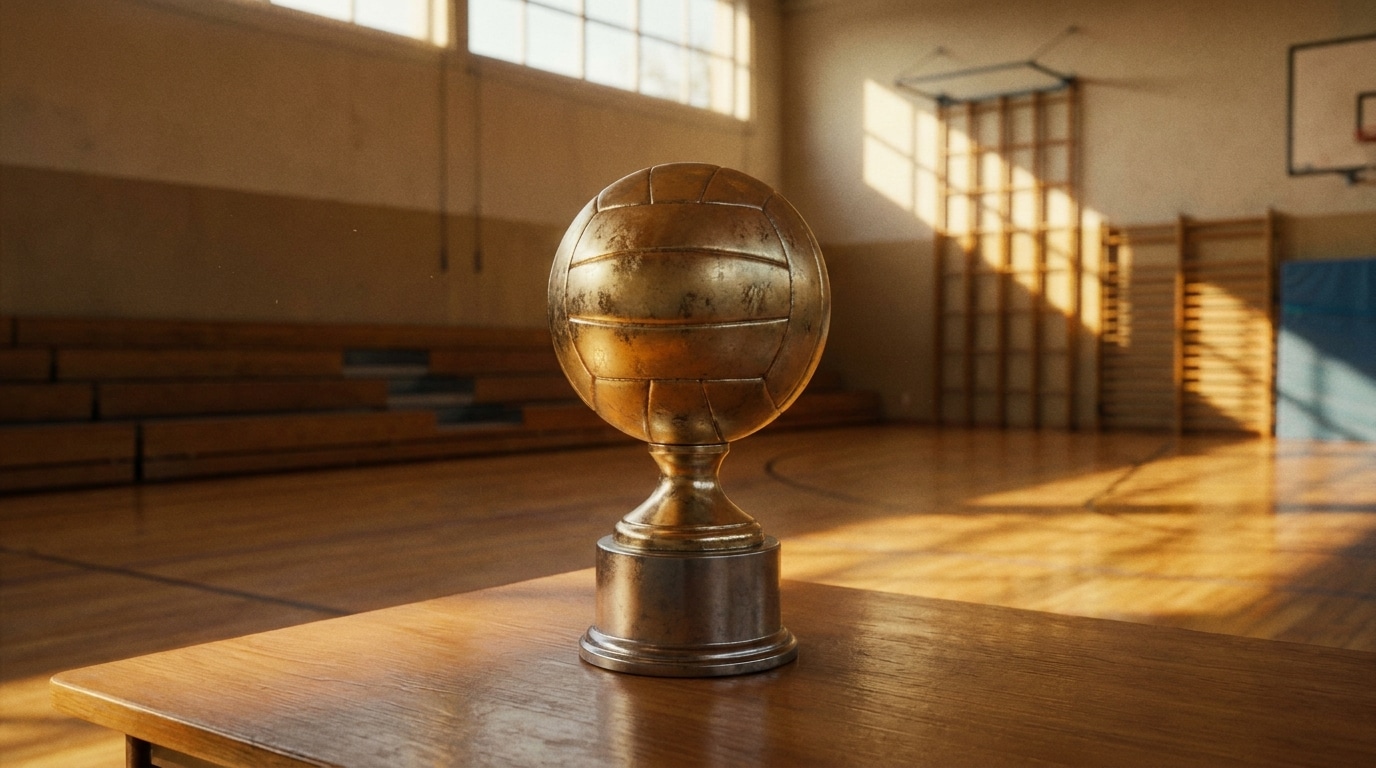 Golden trophy shaped like a basketball on wooden table in sunlit gymnasium