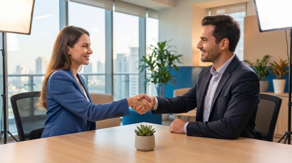 Business professionals shaking hands at conference table in modern office with large windows